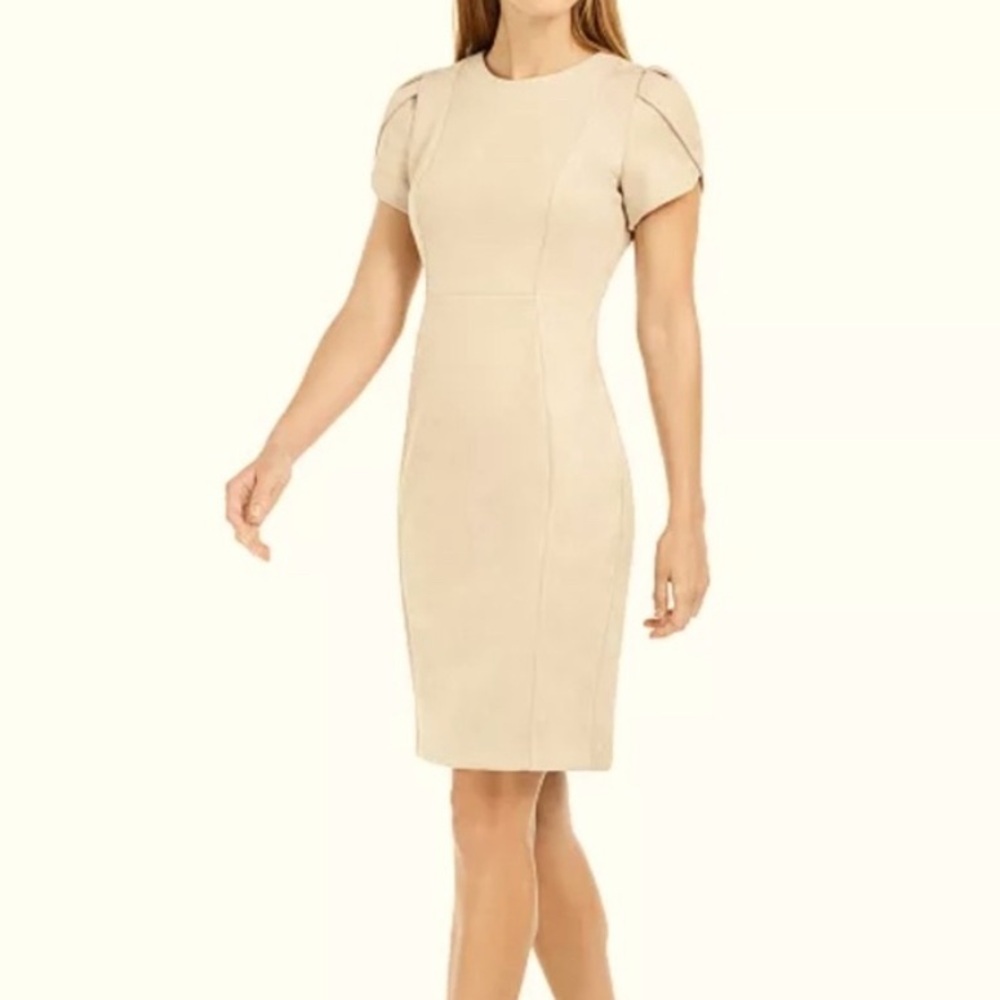 CALVIN KLEIN Womens Nude Faux Scuba Suede Petal Sleeve Sheath Dress Size 4